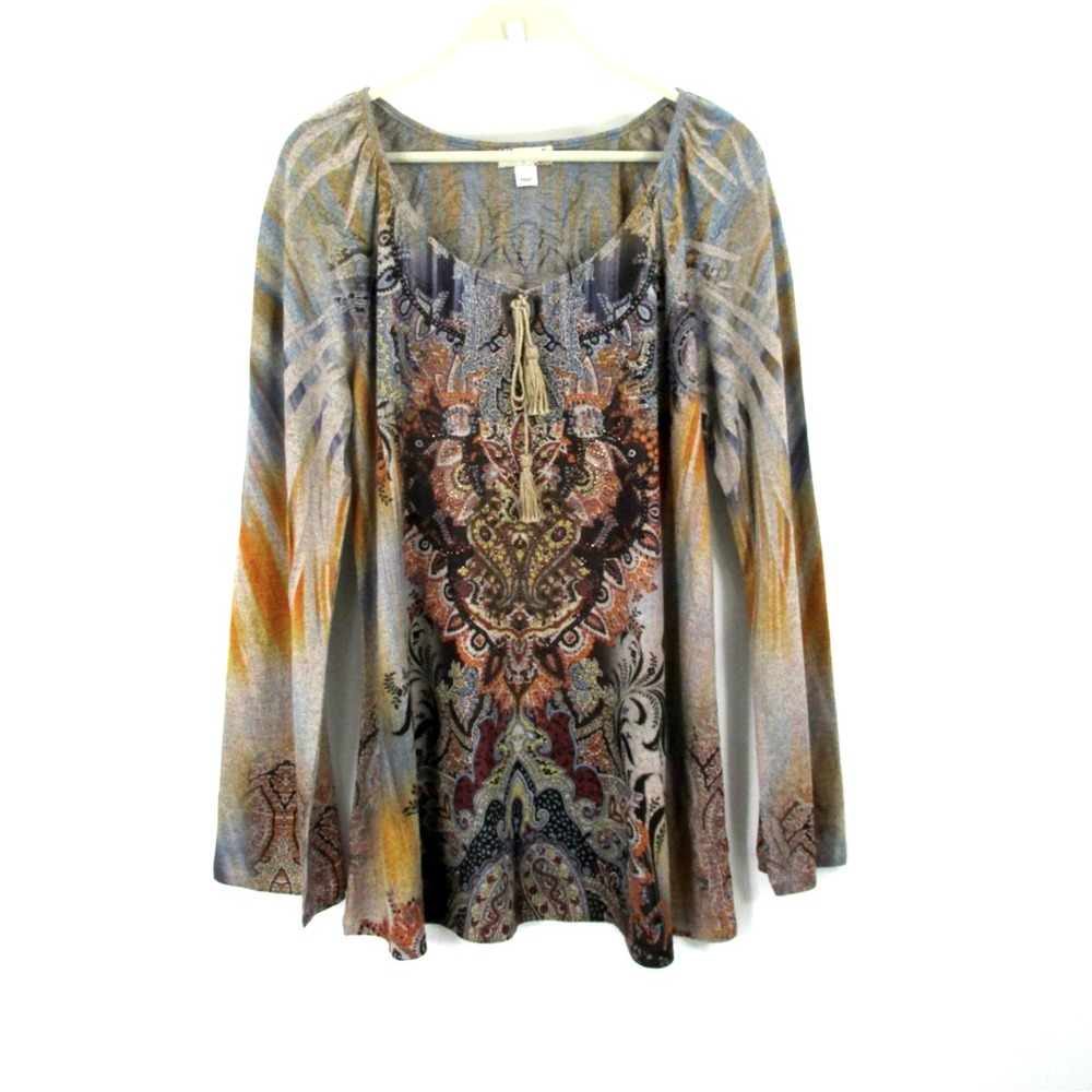 WORLD UNITY Pullover Tunic Knit Top  Women Medium Gray Mosaic Bohemian Tassels